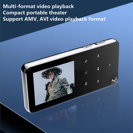 A compact portable video player with a screen and directional buttons, shown on a blue promotional background with text describing multi-format video playback and AMV/AVI support.