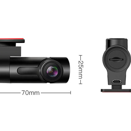 Black dash cam shown from two angles with dimension labels: a side view marked 70mm and 25mm, and a front/back view marked 42mm, on a light gray background.