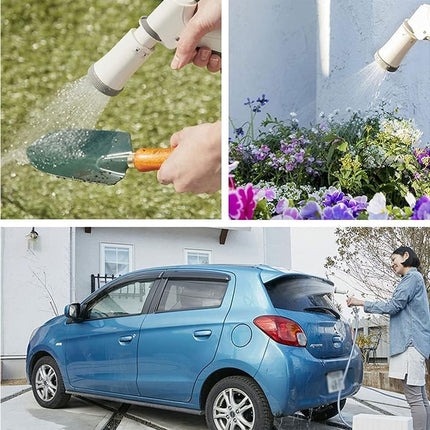 Collage of a garden hose, flowers, a blue car, and a person with a bag.