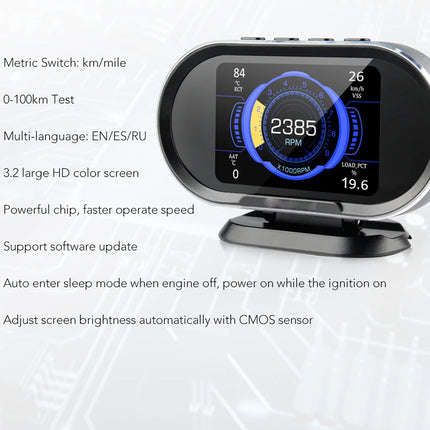 Car dashboard display with features listed on a white background