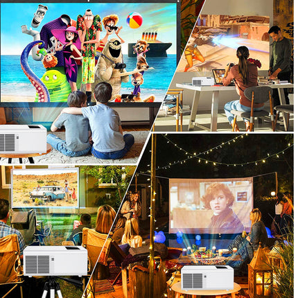 Collage of people watching movies or shows on a projector in various settings.