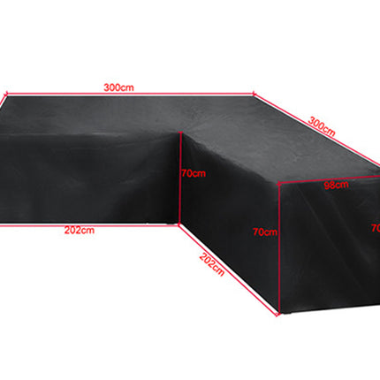 Black sectional sofa cover shown on a white background with red dimension lines and measurements indicating width, height, and depth.
