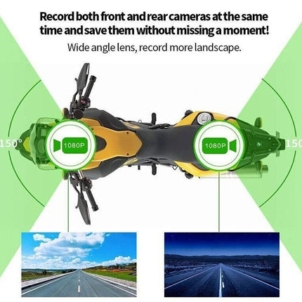 Motorcycle with dual camera setup and wide-angle lens features, showing road scenes.
