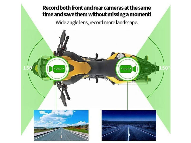 Motorcycle with dual camera setup and wide-angle lens features, showing road scenes.