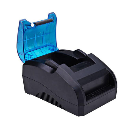 A black receipt printer or POS terminal with a translucent blue lid, shown open on a plain white background.