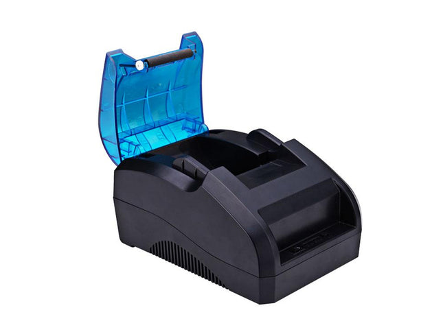 A black receipt printer or POS terminal with a translucent blue lid, shown open on a plain white background.