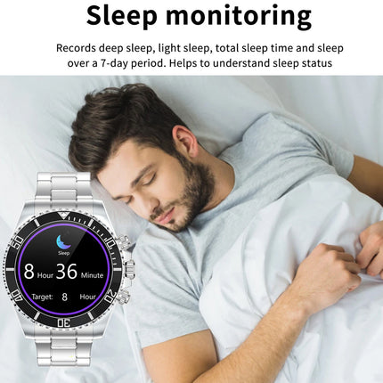 A silver smartwatch with a sleep monitoring display is shown next to a sleeping man in bed, with text at the top reading 'Sleep monitoring'.