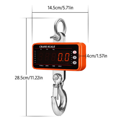 Digital crane scale with dimensions labeled on a white background