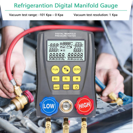 Digital manifold gauge used for refrigeration with a person working on a vehicle's engine.