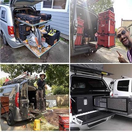 Collage of a van with various storage solutions and tools.