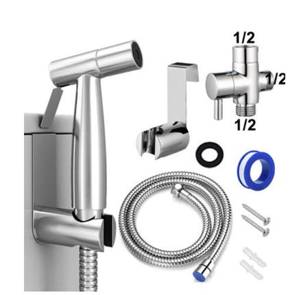Set of bathroom faucet components including a shower head, hose, and connectors on a white background.