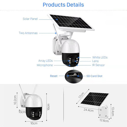 Solar-powered security camera with labeled parts on a white background