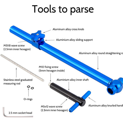 An exploded parts diagram of a blue metal tool set on a white background, labeled 'Tools to parse' with callouts for aluminum alloy cross knob, sliding support, straightening rod, wave screws, measuring rod, O-rings, knurled handle, and socket head.