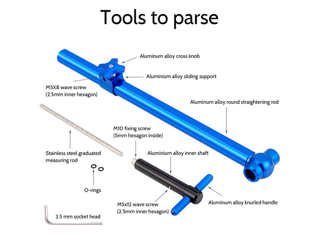 An exploded parts diagram of a blue metal tool set on a white background, labeled 'Tools to parse' with callouts for aluminum alloy cross knob, sliding support, straightening rod, wave screws, measuring rod, O-rings, knurled handle, and socket head.
