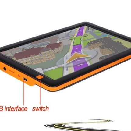 Orange and black navigation device with map display on a white background