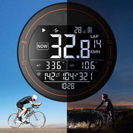 Digital cycling computer display with two cyclist images, one during the day and one at night.