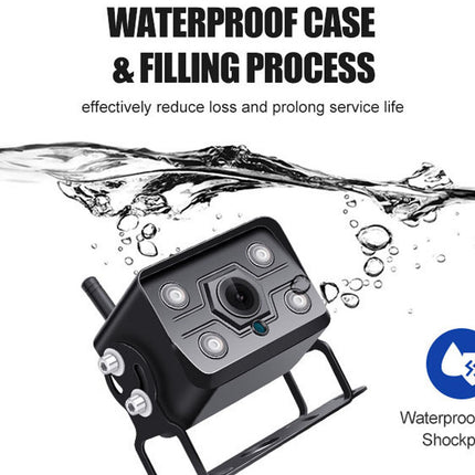 Camera with water splashes and text about waterproof case and filling process on a white background