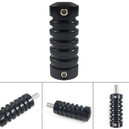 Black shock absorber with metal components on a white background