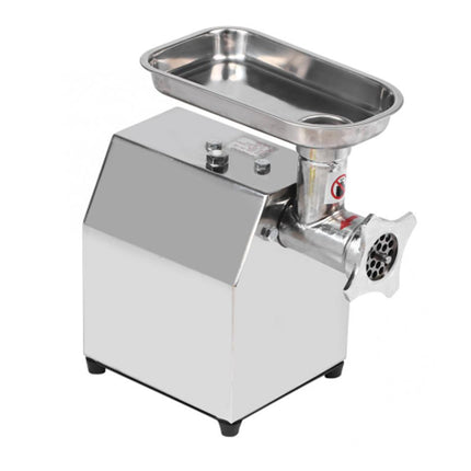 Stainless steel meat grinder on a white background