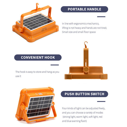 Orange portable solar light with features highlighted on a white background