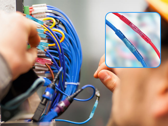 A close-up of hands working with bundled blue, yellow, red, and other colored cables connected to a device, with an inset detail showing a blue cable sleeve on a red cable.