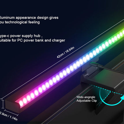 An LED light bar with a rainbow color-changing display, shown with dimension labels and feature callouts on a dark background. The image highlights its aluminum finish, Type-C power supply, and adjustable clip.
