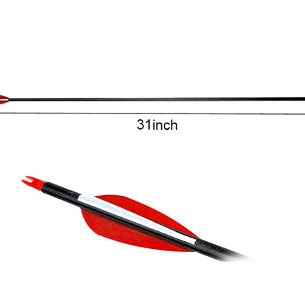 Archery arrow with red fletching and black shaft, labeled '31 inch'.