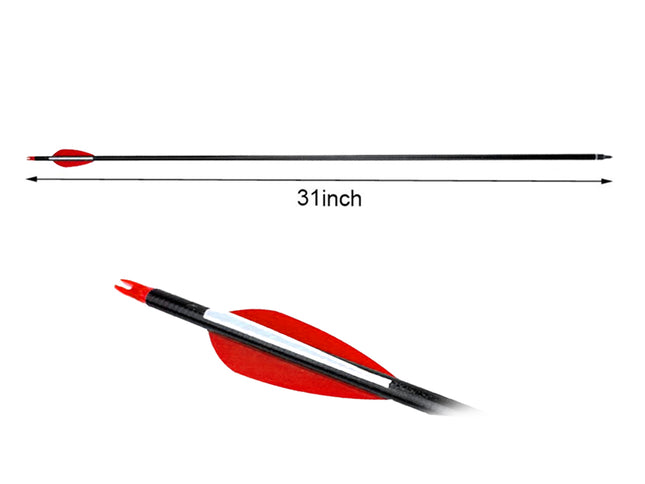Archery arrow with red fletching and black shaft, labeled '31 inch'.
