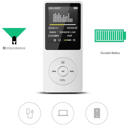 White digital music player with display and control buttons on a white background, featuring 'Strong Endurance' and 'Durable Battery' text.