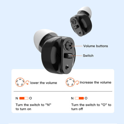 Black and white earbud with volume control buttons and switch on a light blue background
