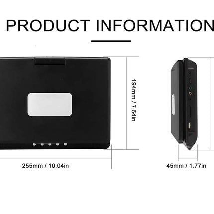 Product dimensions chart with a black rectangular device and its side view, labeled 'PRODUCT INFORMATION'.