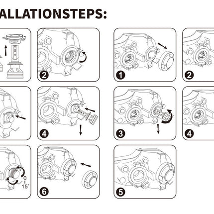 A black and white installation steps diagram showing a mechanical component through sixteen numbered panels with arrows indicating assembly or installation directions.