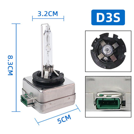 Car headlight bulb with dimensions and close-up details on a white background
