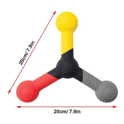 Colorful three-bar fidget spinner with measurements on a white background