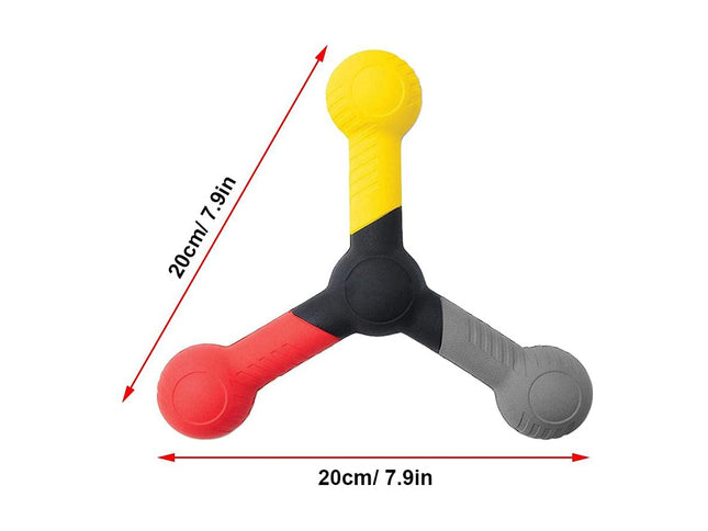 Colorful three-bar fidget spinner with measurements on a white background