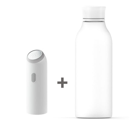 A white cylindrical bottle with a white cap next to a small white cylindrical device with a gray top, separated by a dark plus sign on a plain white background.