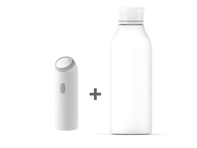 A white cylindrical bottle with a white cap next to a small white cylindrical device with a gray top, separated by a dark plus sign on a plain white background.