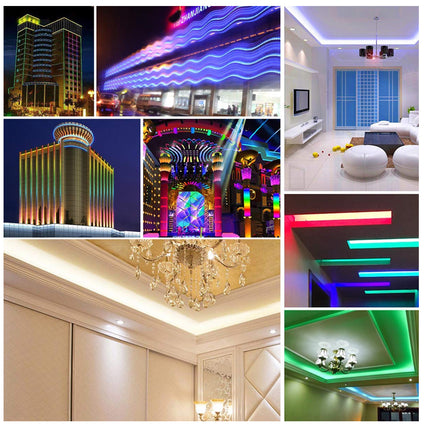 Collage of various indoor lighting fixtures and environments.