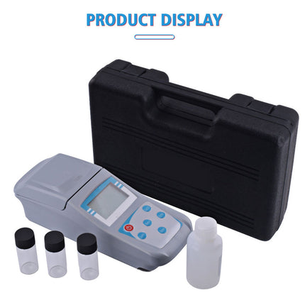 Digital meter with black carrying case and sample bottles on a white background