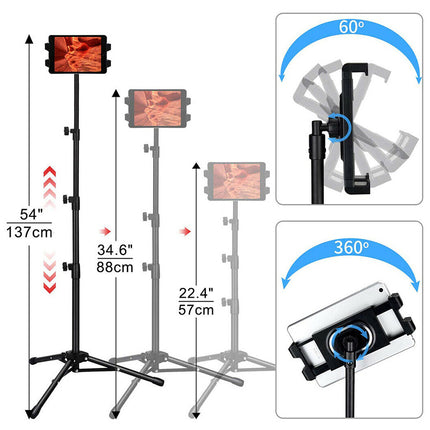 Light stand with adjustable arm and height measurements on a white background