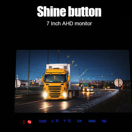 7 Inch AHD monitor displaying a truck on a road at night with 'Shine button' text above.