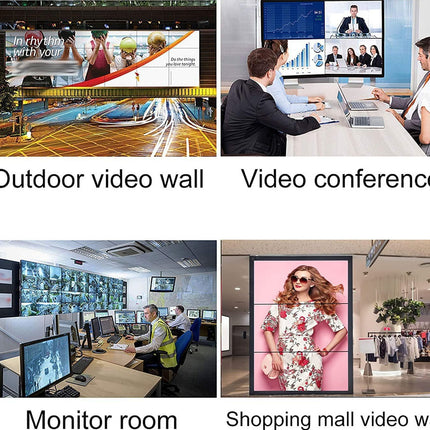 Collage of video wall applications including outdoor, video conference, monitor room, and shopping mall settings.