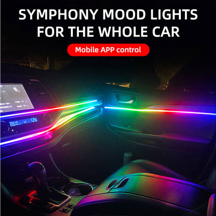Car interior with colorful ambient mood lighting strips running across the dashboard and door panel, with text at the top reading 'SYMPHONY MOOD LIGHTS FOR THE WHOLE CAR' and 'Mobile APP control'.