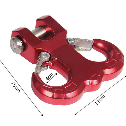 Red metal carabiner with dimensions indicated on a white background