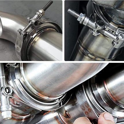 Collage of close-up images of a metal exhaust system component.