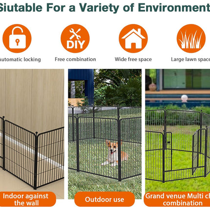 Pet fence suitable for various environments with icons and text.