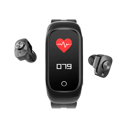 Black fitness tracker watch with two wireless earbuds, shown on a plain white background. The watch screen displays a red heart icon and the number 079.