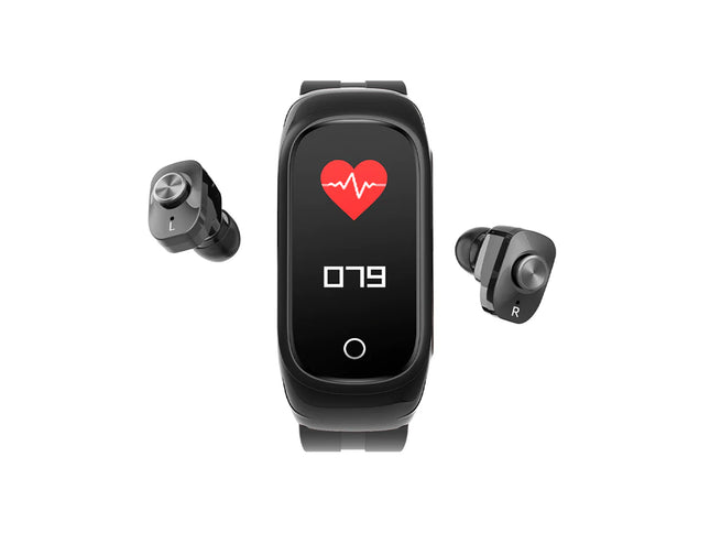Black fitness tracker watch with two wireless earbuds, shown on a plain white background. The watch screen displays a red heart icon and the number 079.