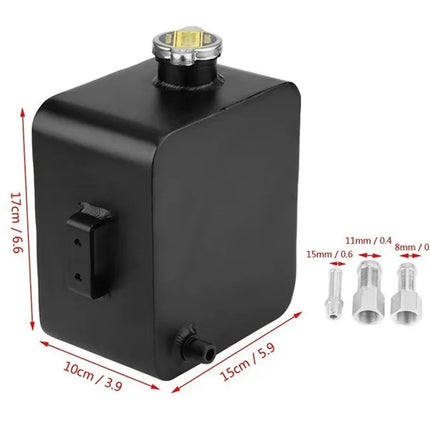 Black rectangular electronic device with red dimension lines showing 17cm height, 10cm width, and 15cm depth, plus three metal connector pieces on a white background.