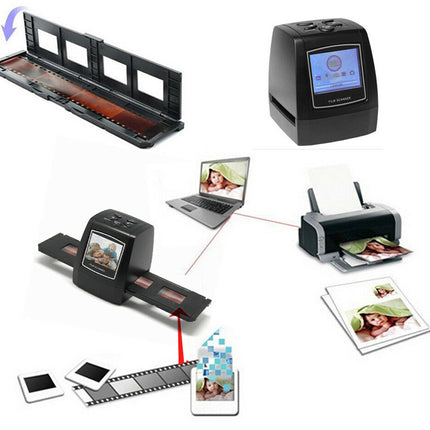 Film and slide scanner with laptop, printer, and photo prints on a white background